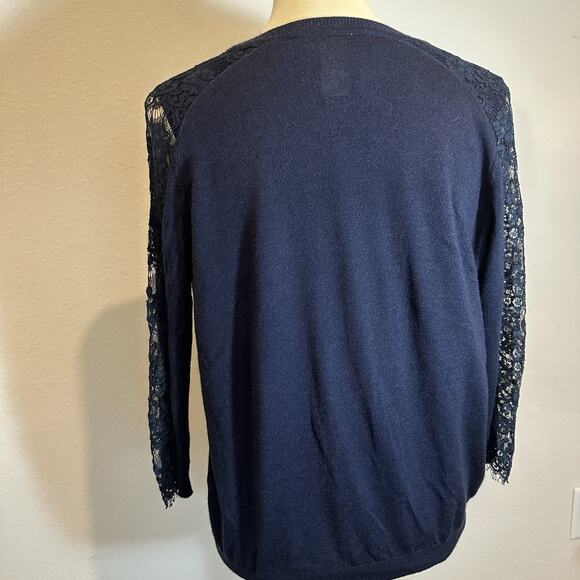 Les Copains Navy Blue Wool Cashmere Knit Cardigan Set Lace Sweater Old Money Top - Picture 7 of 11